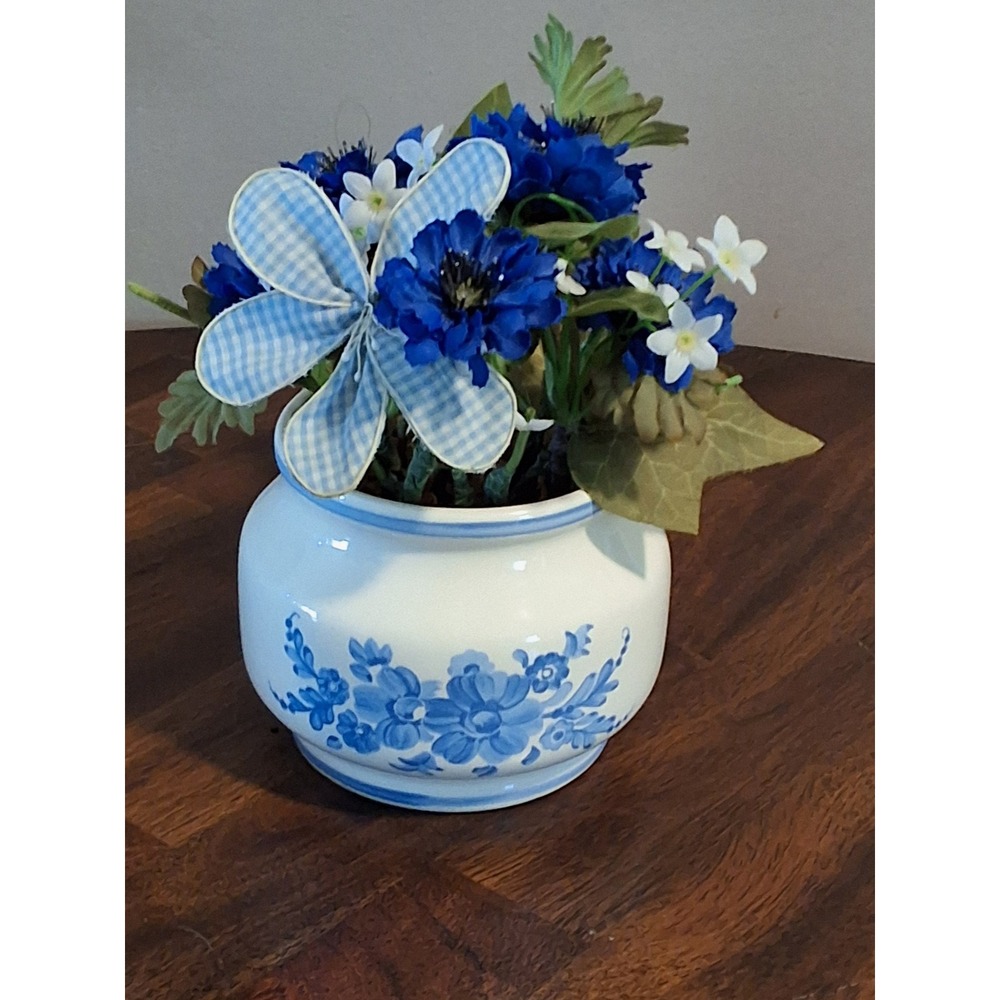 Vintage Blue and White Floral Ceramic Vase with Faux Cornflowers and Butterfly